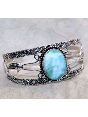 Larimar Gemstone 925 Sterling Silver Handmade Ethnic Adjustable Cuff Bracelet